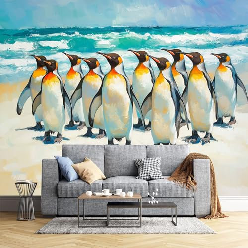 Fotomurales Playa De Pingüinos 300X210Cm Papel Pintado Seda Decoración De Pared Decorativos Murales Moderna De Diseno Fotográfico Pintura Al Óleo De Animales 3D Decorativos Murales