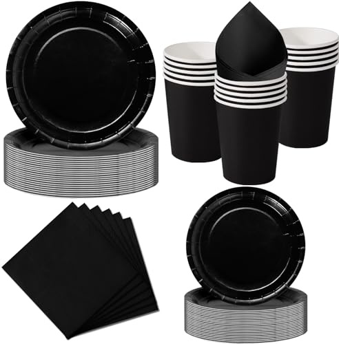 Nkaiso Set de Vaisselle Jetable 50 Pièces Noire - 10 Assiettes 23cm, 10 Assiettes 18cm, 10 Gobelets, 20 Serviettes - Pour Anniversaire, Mariage, Soirée - 10 Invités