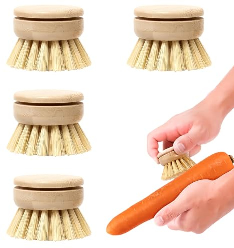 4Pcs Wooden Washing Brushes, Eco-Friendly Fiber Dish Scrubber Brush Heads, Interchangeable Kitchen Cleaning Brushes for Sustainable Home Cleaning（Handle Not Included）