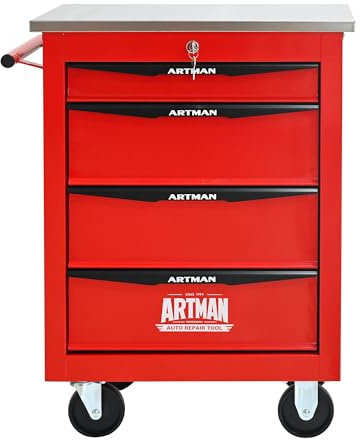 Generisch Carro de herramientas multifuncional de 4 cajones con ruedas • Construcción de metal y carga de 15 kg • Cajones con rodamientos de bolas • Superficie de trabajo de acero inoxidable • Para