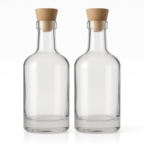 MASSTEELGER 2-Pack 750ml / 25.3 Oz London Style Glass Bottles, Italian Leakproof Cork – Clear Heavy Glass for Whiskey, Olive Oil, Red Wine, Liqueurs, Balsamic, Cocktail Syrups & Homemade Infusions