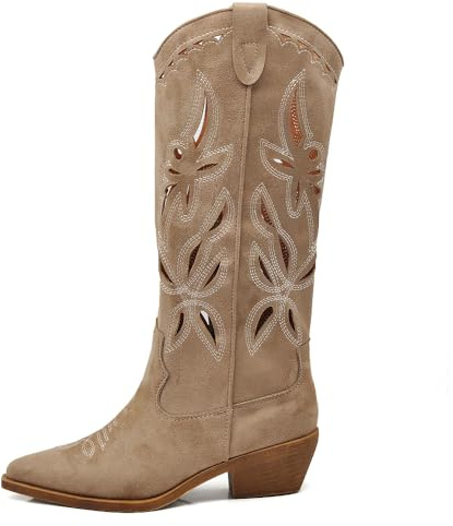 IF Stivali Texani Donna al Ginocchio, Ricami e Lavorazione Traforata, Suola in Gomma Silenziosa,Stile Cowboy Camperos MP746-3 tortora 38