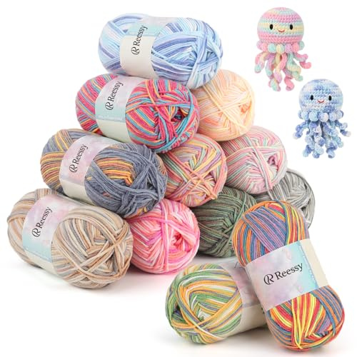 Reessy Crochet Yarn, 12×50g Gradient Yarn Double Knitting Wool | Super Soft 4 Ply Milk Cotton Yarn for Crochet and Knitting, 600g Crochet Yarn Ombre for Colorful Amigurumi Handcrafts