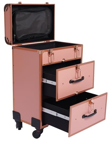 Maletín de cosméticos con cajón, maletín de maquillaje profesional con cajón, maletín de maquillaje, maletín de maquillaje, para viajes, esteticista, peluquería, dorado, Minimalista