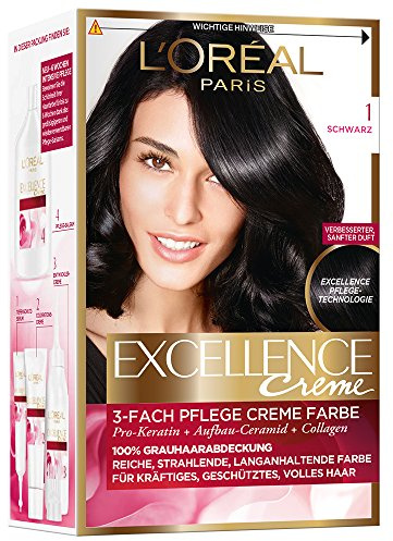 L'Oréal Paris Permanente Haarfarbe, 100 Prozent Grauhaarabdeckung, Haarfärbeset mit Coloration, Shampoo und 3-Fach Pflege Creme Farbe, Excellence Crème 1.01 Tiefes Schwarz