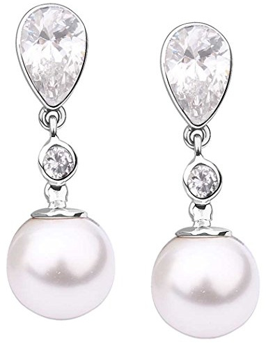 Nenalina Ohrstecker 925 Silber Damen Ohrringe Ohrhänger mit Muschelkernperlen 10 mm und Zirkonia in Tropfenform 9 mm
