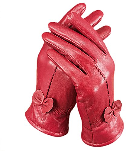 Butterme Luxury Ladies weichen Schaffell Lederhandschuhe mit Bowknot-Stich-Entwurf Fleece Futter PU Leder Fäustlinge Rot