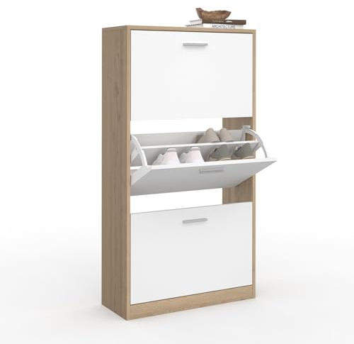 IDMarket - Schuhmöbel 18 Paar KLARK Buche-Nachbildung 3 weiße Türen