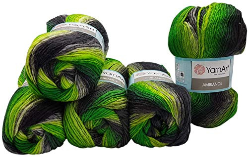 5 x 100 g YarnArt Ambiance Strickwolle mehrfarbig mit Farbverlauf, 500 Gramm Strickgarn mit 20% Wolle-Anteil (grau grün kiwi 156)