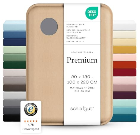 schlafgut Premium Spannbettlaken 120x200 cm Bio-Baumwolle, Grey Mid | Bettlaken, Spannbetttuch 130x200, 130x220 cm, Grau, Mako Zwirn-Jersey 220 g/m², bis 35 cm Steg, blickdicht, Made in Green