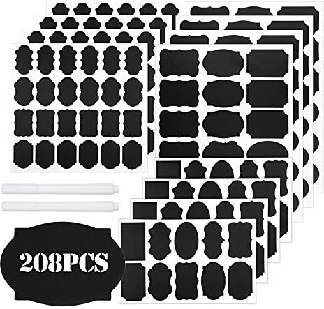 Tafeletiketten Selbstklebend, 208 x Etiketten Selbstklebend mit 2 x Löschbar Kreidemarker, Tafel Aufkleber für Gläser, Küche Gewürzgläser, Marmeladen, Flaschen, Beschriften Aufkleber Schwarz