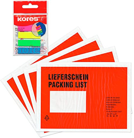 WPTrading - 250 x Lieferscheintaschen 225 x 165 mm in DIN C5 Rot Lieferschein/Rechnung inkl. 125 Page-Marker in 5 Farben - Dokumenten-Taschen selbstklebend, lang - Begleitpapiertaschen für Versand