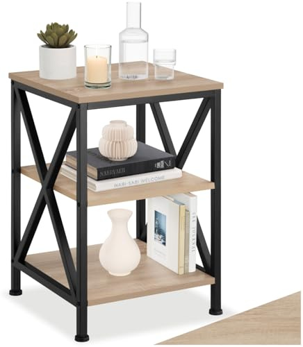 tectake® Industrial Möbel, Beistelltisch Holz und Metall, Schlafzimmer Nachttisch mit 3 Ebenen, Couchtisch, Wohnzimmertisch, Beistelltisch Couch (Industrial Holz hell, Eiche Sonoma)