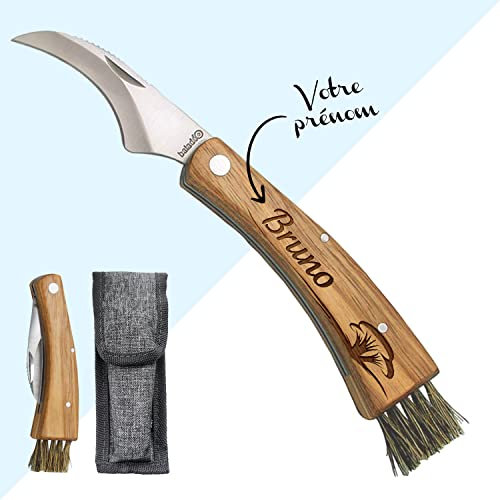 KDO MAGIC - Couteau à champignon gravé avec votre prénom - Manche en bois personnalisable - Equipé d'une brosse - Etui offert - Cadeau pour homme, Fête des Pères, papa, Noël