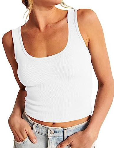 Artfish Women's Sleeveless Shirt Ribbed Fitted Scoop Neck Basic Long Crop Tank Top Square White, XS