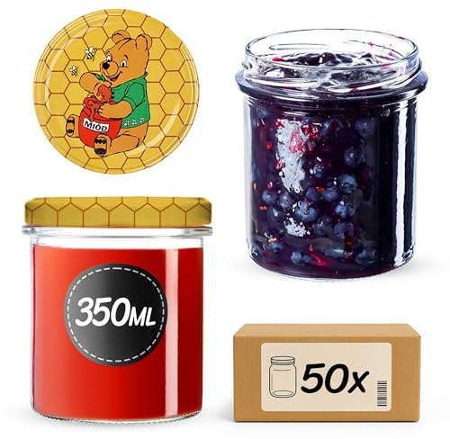 KADAX Lot de 50 bocaux en verre 350ml Ø82 à pois rouges – Couvercle Twist-Off hermétique TO82 – Pour confitures, conserves, cornichons, miel & fermentation