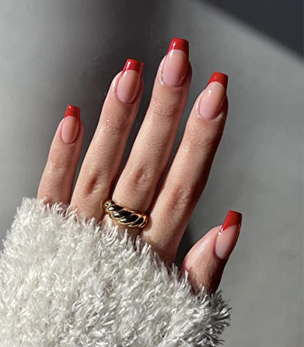 Sethexy Valentinstag Kurz Sarg Falsche Nägel Rot Französisch Press on Nails Glänzend Kunstnägel 24Stück Acryl Nägel zum Aufkleben für Frauen und Mädchen