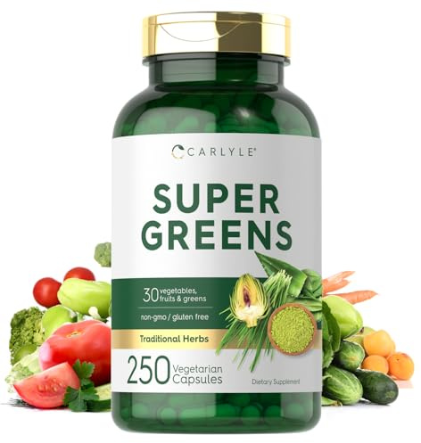 Carlyle Super Greens Capsules | 250 Count | Blend of 13 Vegetables and Greens Plus 17 Fruits | Non-GMO & Gluten Free Supplement
