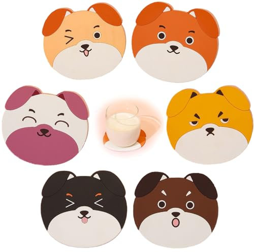 Untersetzer Gläser, Glas Untersetzer-Set, 6 Stück Silikon Hund Untersetzer, Süßen Cartoon-Hund Getränkeuntersetzer, rutschfest, Hitzebeständig, für Wein, Glas, Tee, Getränke