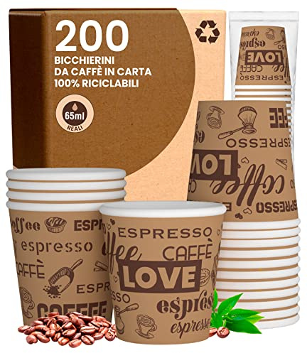 200 Bicchierini in Carta da caffè 65ml LoveBrownCUP Bicchieri Ecologici Biodegradabili Monouso Piccoli Asporto Bevande Calde