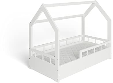 ms factory Hausbett mit Matratze Kinderbett 70x140 cm mit Rausfallschutz und Lattenrost - Einzelbett aus Kiefernholz für Mädchen und Junge - Weiß