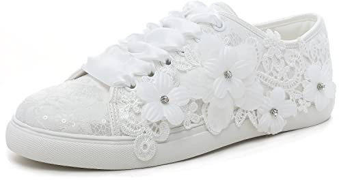 Elivandon 16054 Hochzeitsschuhe Braut Turnschuhe Wohnungen Braut Tennisschuhe Spitze Turnschuhe Farbe Elfenbein,Größe 39 EU (5.5 UK)