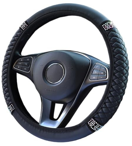 Universal Auto Lenkradbezug, Anti-Rutsch Rhombus PU Leder Kristall Glitzer Bling Bling Auto Lenkradhülle Durchmesser 37–38 cm,Elastischer Lenkrad Abdeckung Lenkradschoner Auto-Dekozubehör,Schwarz