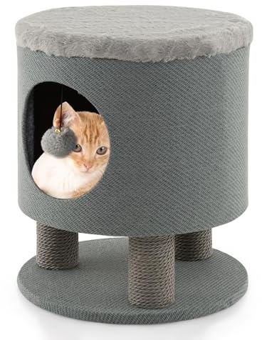 COSTWAY Kratzbaum klein, Katzenhöhle & Hocker, Katzenbaum mit weicher Sitzfläche & 3 Sisal-Kratzsäulen & Ball, Katzenhaus Kletterbaum, Katzenkratzbaum Katzen Katzenmöbel, 40x40x47cm (Grau)