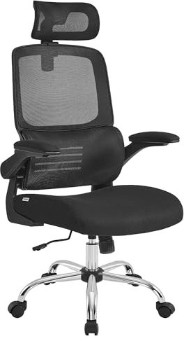 SONGMICS Bürostuhl, Schreibtischstuhl, ergonomisch, klappbare Armlehnen, hohe Rückenlehne, Netzstuhl mit Lendenwirbelstütze und Verstellbarer Kopfstütze, Wippfunktion, tintenschwarz OBN040B01