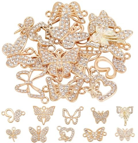 GOMAKERER 30 Stück 10 Stile Legierungs-Schmetterlingsanhänger, Strass Herz Schleife Anhänger 2 Loch Verbindungsglieder Goldene Charms Set Für Armband Halskette Schmuckherstellung
