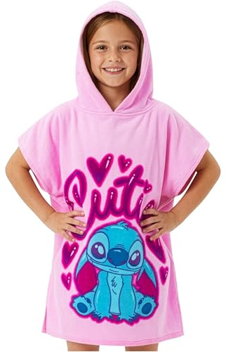 Disney Stitch Bath Towel with Hood for Kids & Teenagers Absorbent Changing Robe Poncho Towel for Swimming Bath Shower Beach Towel Holiday Essentials (Pink Stitch, 10-13 Years)