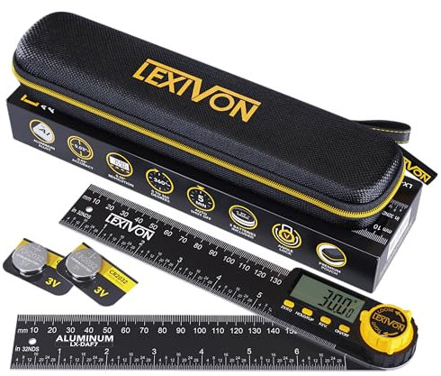 LEXIVON Digitaler Winkelmesser aus Aluminium, 180 mm, Digital Winkellehre Mehrzweck-Winkelmessgerät, inklusive XL-Display und robuster Reißverschlusstasche (LX-DAF7)