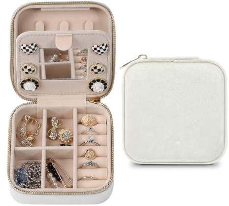 Dajasan Reise Schmuckkästchen, Klein Schmuckaufbewahrung, Schmuckschatulle für Damen, Samt Schmuck Organizer, Schmuck Geschenk Box für Frauen, Mädchen, Mutter, Kinder, Oma (Beige)