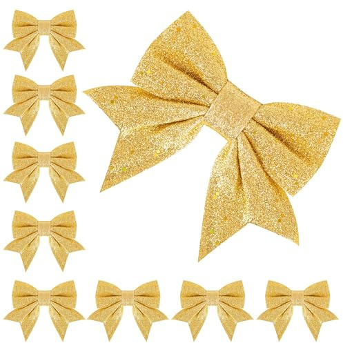 8pcs Gold Glitter Bows for Christmas Tree Decoration, 5 x 7inch Xmas Glitter Bows, Gold Christmas Decorative Bows for Christmas Tree, Decor Wreath, Christmas Home Party, Girls Butterfly Decoration