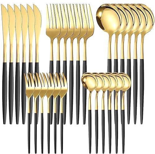 Cutlery Black Gold Set, Tableware Silverware Set, 30 Piece Stainless Steel Silverware Set, Black Handle Knife Fork Spoon Set for 6 People, Elegant Life Dinner Set, Durable and Dishwasher Safe