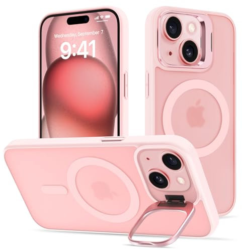 Cover per iPhone 15 Plus / 14 Plus Compatible avec MagSafe con Cavalletto, Magnetica Custodia con Supporto Fotocamera Regolabile Integrato Traslucida Opaca Posteriore Sottile Antiurto Case, Rosa