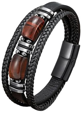 Generisch Lederarmband Männer,Herren-Lederarmband mit Edelstahlverschluss, Natürliches Tigerauge-Stein-Herrenarmband, Schmuckgeschenke für Männer, Vater, Freund, 23 Cm