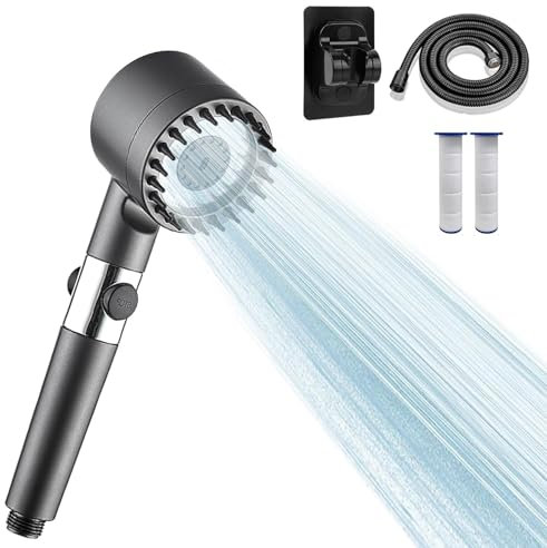 Duschkopf mit Filter Hochdruck Handbrause mit 3+1 Strahlarten, Duschbrause Halterung, 1,5M Schlauch Duschbrause Filter mit gegen hartes Wasser, Bakterien und Schwermetalle