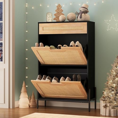 Litake schmaler Schuhschrank für Flur mit 2 Klapptüren und Schublade, Rattan Schuhkommode mit 4 verstellbaren Ablagen, platzsparender Schuhkipper für Eingang, Garderobe, Schlafzimmer, 61x24 x102 cm