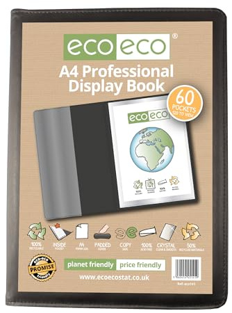 eco-eco eco141 professionelles Business-Sichtbuch, A4, 50% recycelt, 60 Taschen, gepolstert, mit Kunststoffhüllen, Schwarz