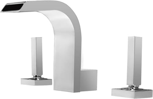 OWOHYG Grifo de baño con Cascada, Grifo de tocador de 3 Orificios con Doble manija, Resistente a Salpicaduras, Grifo de Lavabo con Agua Caliente y fría(Chrome)