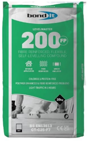Bond It LEVELMASTER 200FP Fibre Reinforced Self-Levelling Floor Compound – Grey, 20kg | Fast-Drying Polymer-Modified Underlay for Interior Sub-Floors | Ideal for Ceramic Tiles – Carpet – Vinyl & Wood