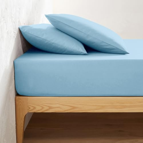 Lenzuolo con Angoli King Size, 160 x 200 x 25-30 cm, 100% Cotone Soffice, per Materassi Alti, (Azzurro)