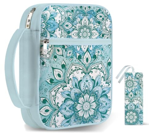 Hobbspring 1Pc Bibelhülle Mit Griff 30.5x22cm Lotus Große Tragetasche Mit Reißverschluss Türkis Bibelschutz Mit Tasche Und Lesezeichen Für Damen Und Herren Bücher Tragen Zurück zur Schule