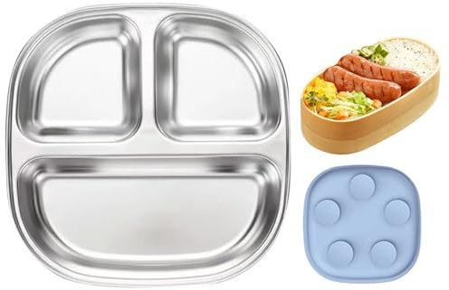kdkskss Assiettes Compartimentées pour - Assiettes Anti-Glisse pour Tout-Petits avec Séparateurs - Assiettes Réutilisables en Acier Inoxydable avec Ventouse, Bol Antidérapant et Lavable au