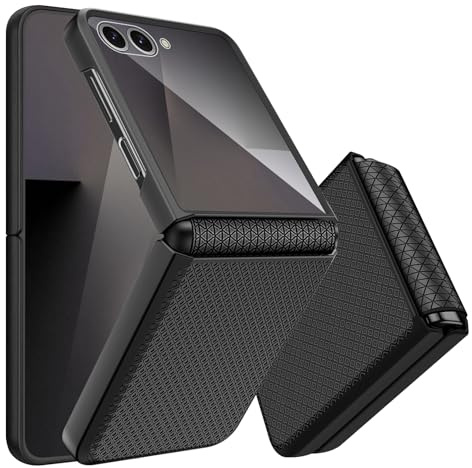 Giyer Handyhülle für Samsung Galaxy Z Flip 7 Hülle mit Displayschutzfolie Scharnierschutz, Rutschfester Textur Hard PC Rugged Stoßfest Schutzhülle für Samsung Z Flip 7 5G Flip Case Cover (Schwarz)
