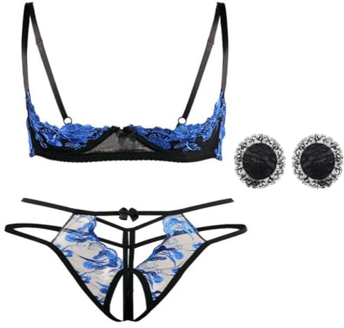HOTSO Conjunto de lencería para mujer, ropa interior de encaje de malla floral, Babydoll sexy de 2 piezas bordado Demi de media copa push up, conjuntos de lencería con tirantes ajustables, sujetador y