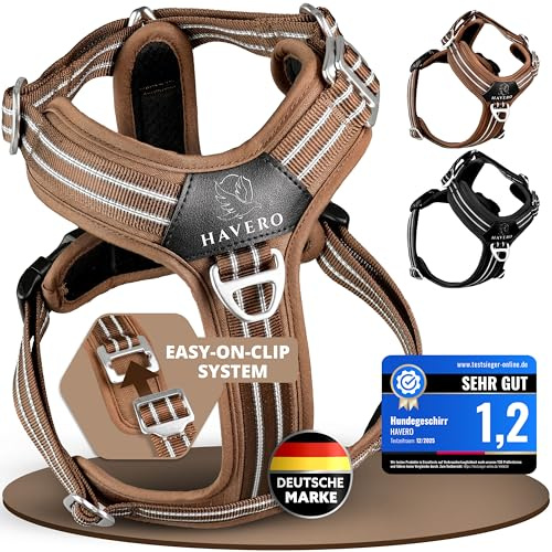 HAVERO Hundegeschirr Easy-On-Clip – [Kein Überkopfziehen] | Anti-Zug Y-Geschirr Gepolstert Reflektierend Atmungsaktiv Brustgeschirr – kleine, mittelgroße & Grosse Hunde Geschirr (Braun, L)