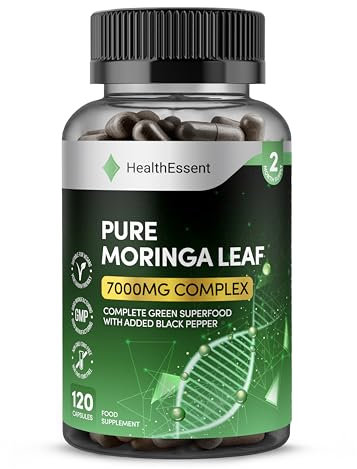 Rosabella Moringa Capsules 7000mg Complex, High Strength Complete Green Superfood with Added Black Pepper, Moringa Leaf Extract and Powder for High Absorption - 120 Capsules by HealthEssent