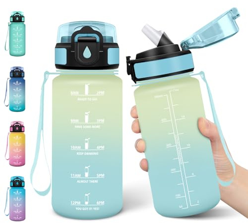 Motswedi Gourde Enfant, 500 ml Anti-Fuite, Gourde Paille, avec Marqueur de Temps, Bouteille d'eau, Poignée de Transport, Bouteille avec Paille, pour L’école, Sport, Yoga, Blanc Cassé Bleu Clair